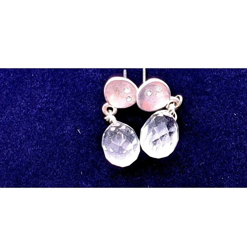 Silver Tone Hammered Disc Clear Faceted Teardrop Dangle Post Earrings